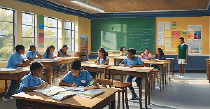 A bright classroom filled with diverse students working together at a table, with educational posters and a chalkboard in the background.