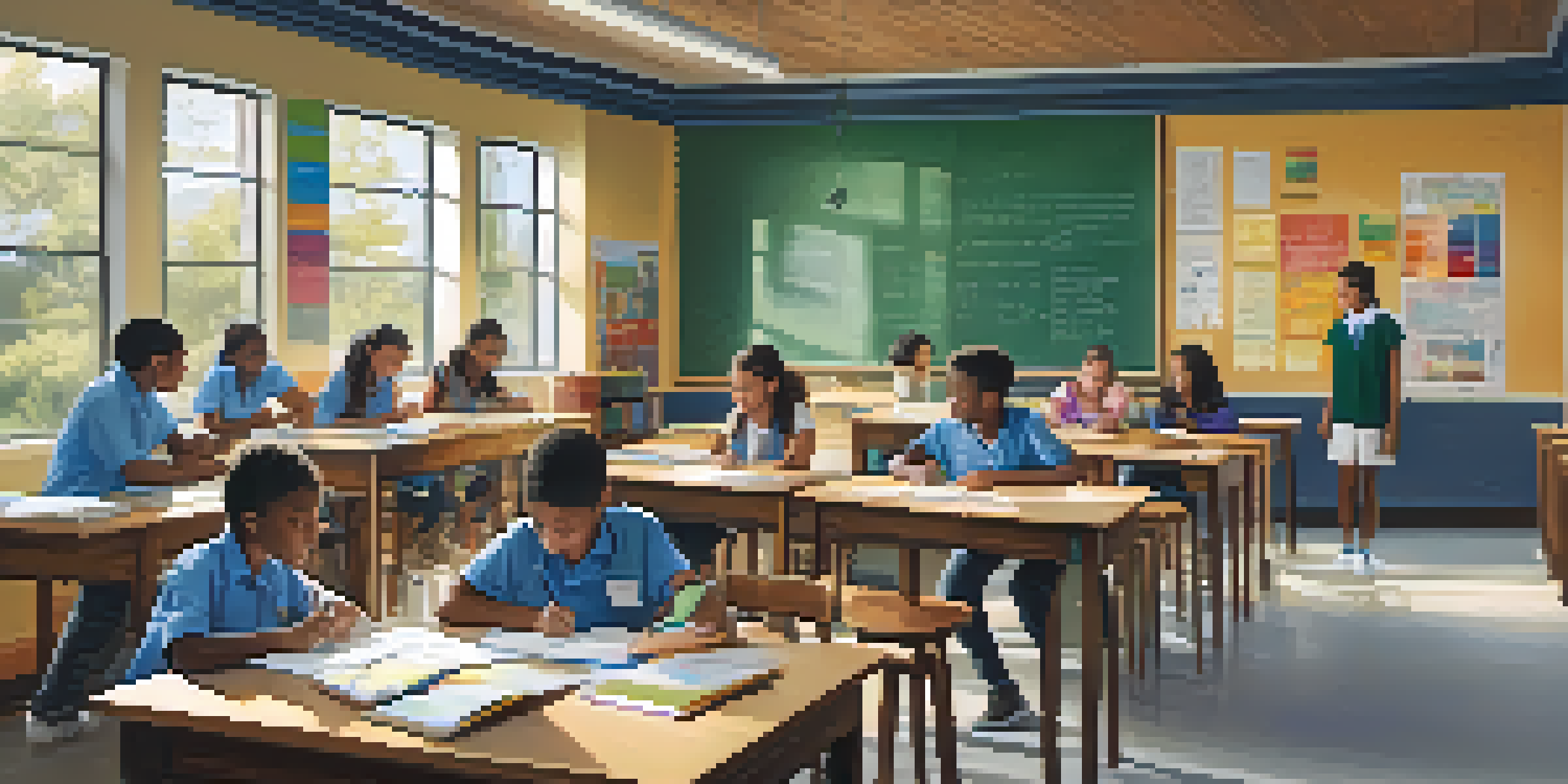 A bright classroom filled with diverse students working together at a table, with educational posters and a chalkboard in the background.