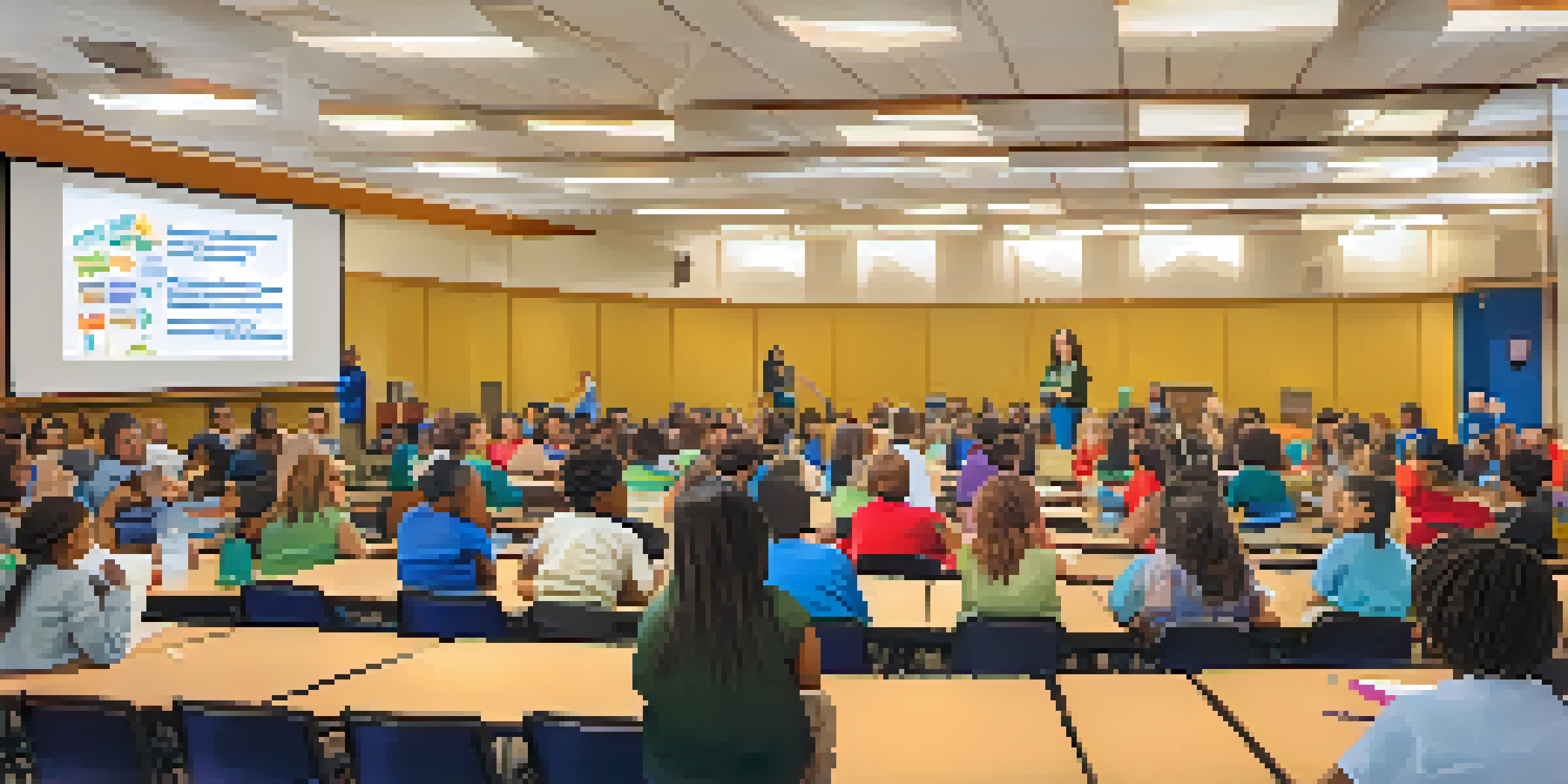 A community forum in a school auditorium with parents and educators engaged in discussions, colorful banners, and warm lighting.