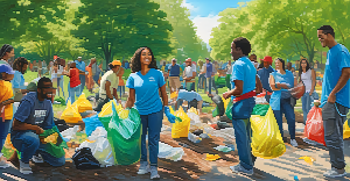A diverse group of people participating in a community clean-up event in a green park, smiling and working together with colorful trash bags.