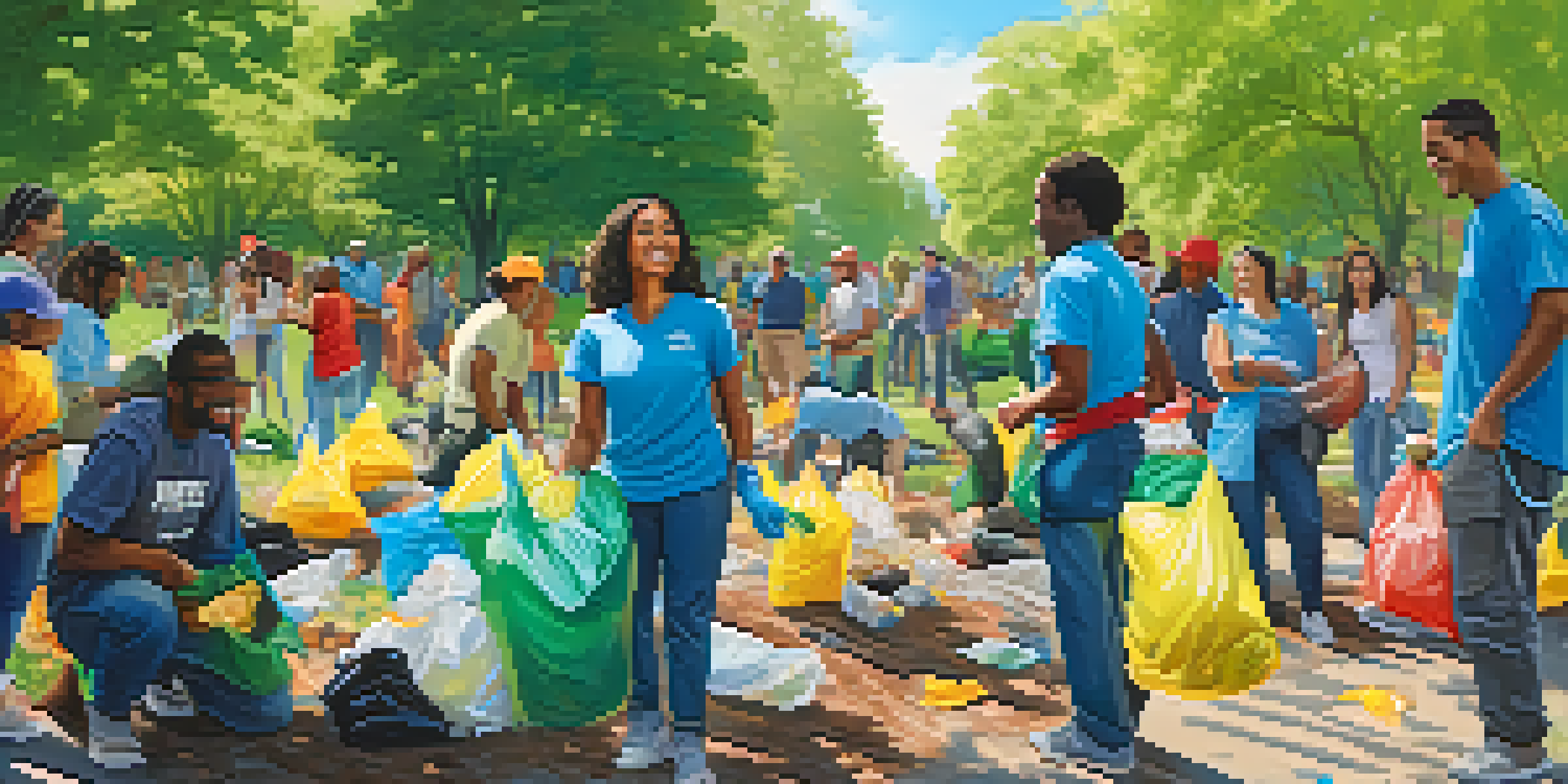 A diverse group of people participating in a community clean-up event in a green park, smiling and working together with colorful trash bags.