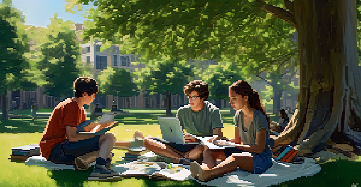 Students studying together outdoors under a tree, using laptops and enjoying a collaborative learning environment.