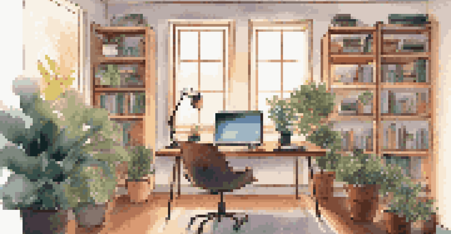 A person engaged in an online course at a modern home office desk, surrounded by plants and books in a cozy atmosphere.