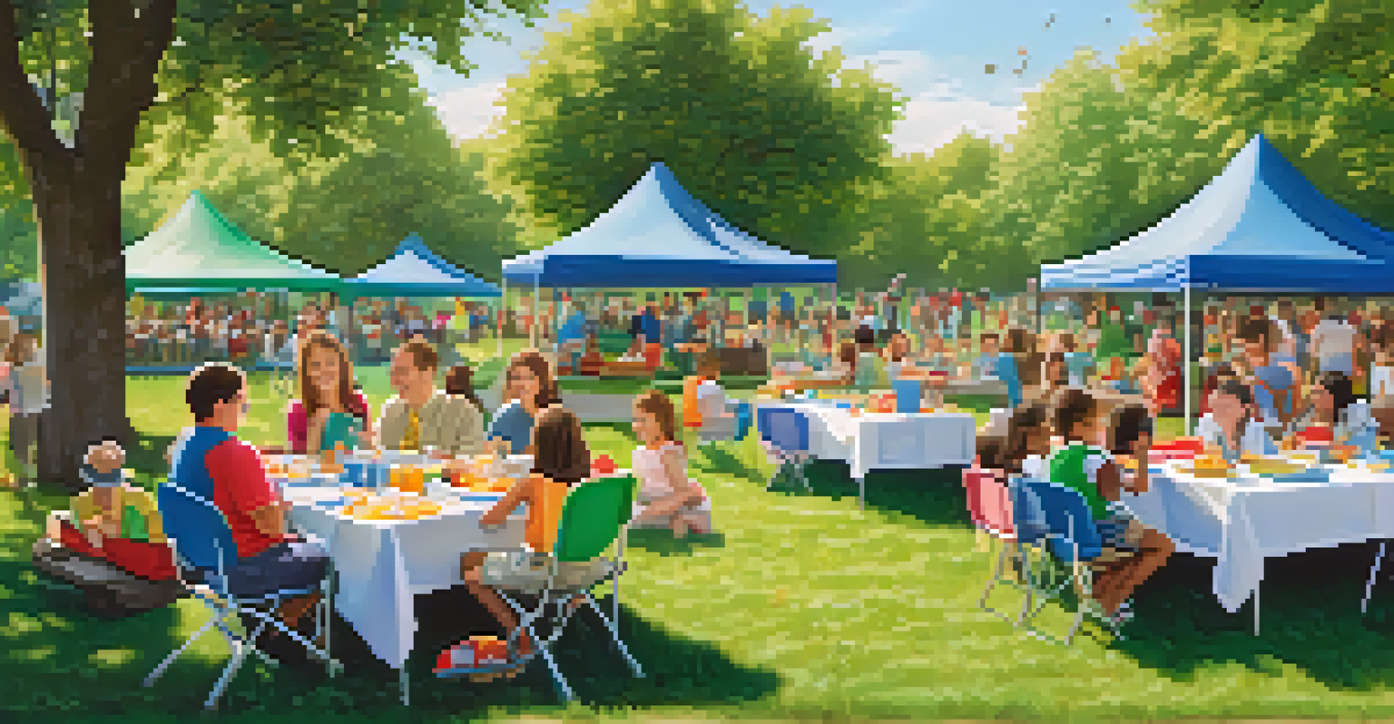 Families enjoying an outdoor school event with activities and food under a clear blue sky.