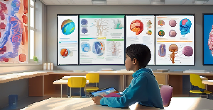 A student interacting with a 3D holographic model of human anatomy in a well-lit classroom, with educational posters on the walls and a laptop displaying AR software.