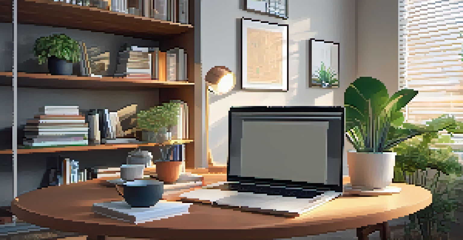 An adult in a modern home office engaged in an online learning session with a laptop and books around.