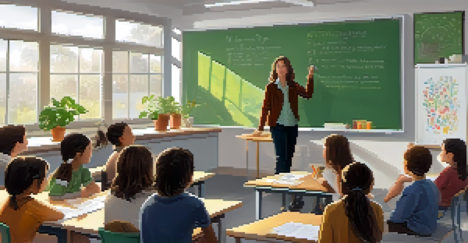 A teacher engaging a diverse class in a bright and inviting classroom setting.