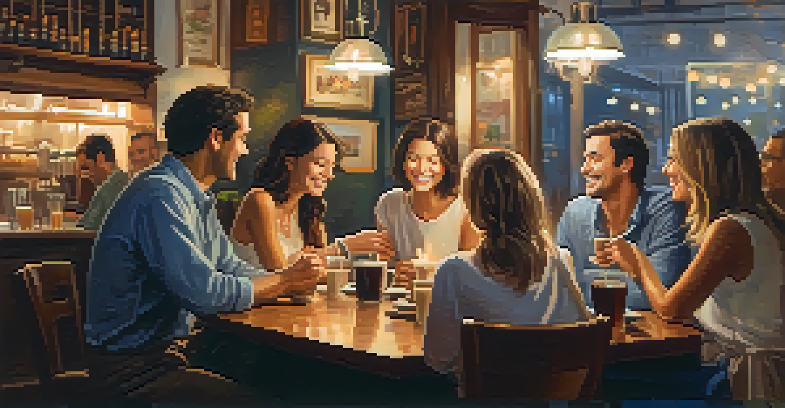 A cozy café filled with friends enjoying each other's company under warm lighting.