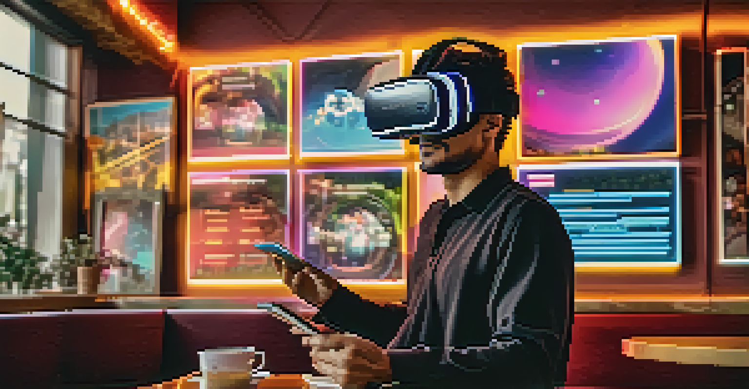 A user wearing VR goggles, engaging with a holographic menu in a café, surrounded by colorful and dynamic lighting effects.
