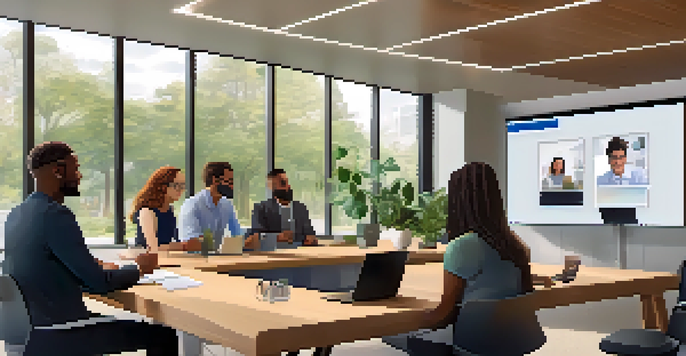 A group of diverse professionals in a video call, smiling and interacting in a modern office setting with plants and natural light.