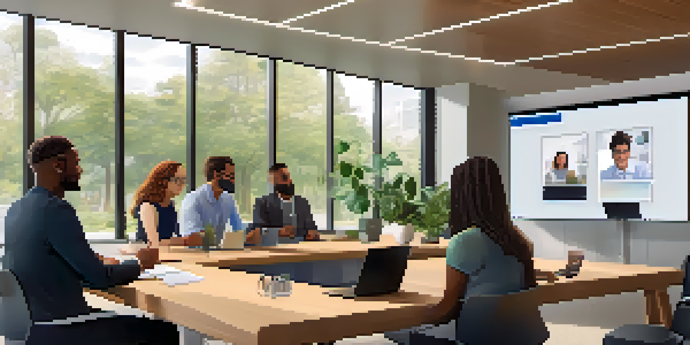 A group of diverse professionals in a video call, smiling and interacting in a modern office setting with plants and natural light.