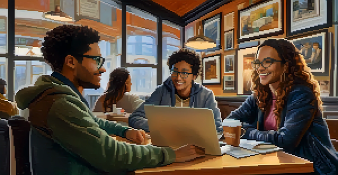 A mentor and a student having a discussion in a cozy coffee shop, surrounded by warm lighting and coffee cups.