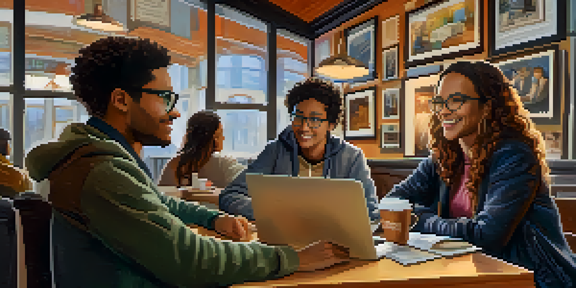 A mentor and a student having a discussion in a cozy coffee shop, surrounded by warm lighting and coffee cups.