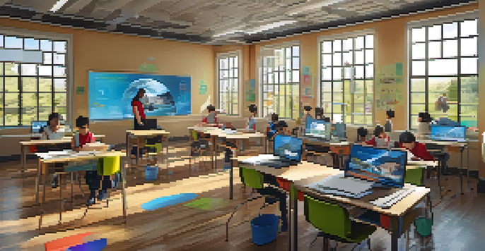 A diverse group of students in a classroom, wearing virtual reality headsets and interacting with 3D educational visuals.