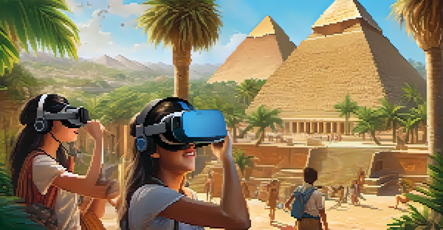 Students wearing VR headsets, exploring an ancient civilization with detailed pyramids and lush landscapes around them, showcasing their excitement.