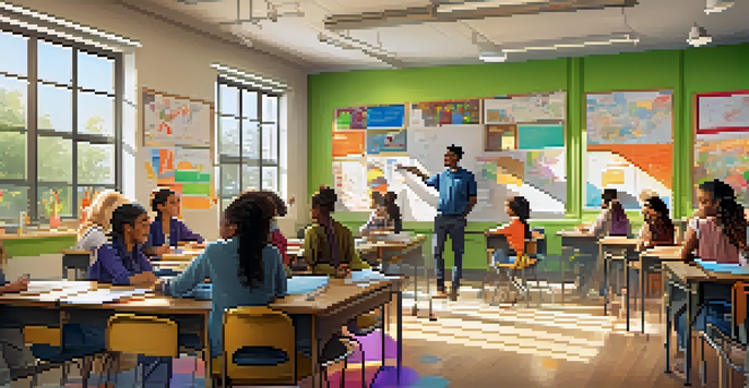 A lively classroom with diverse students working together on a project, illuminated by natural sunlight and decorated with educational posters.