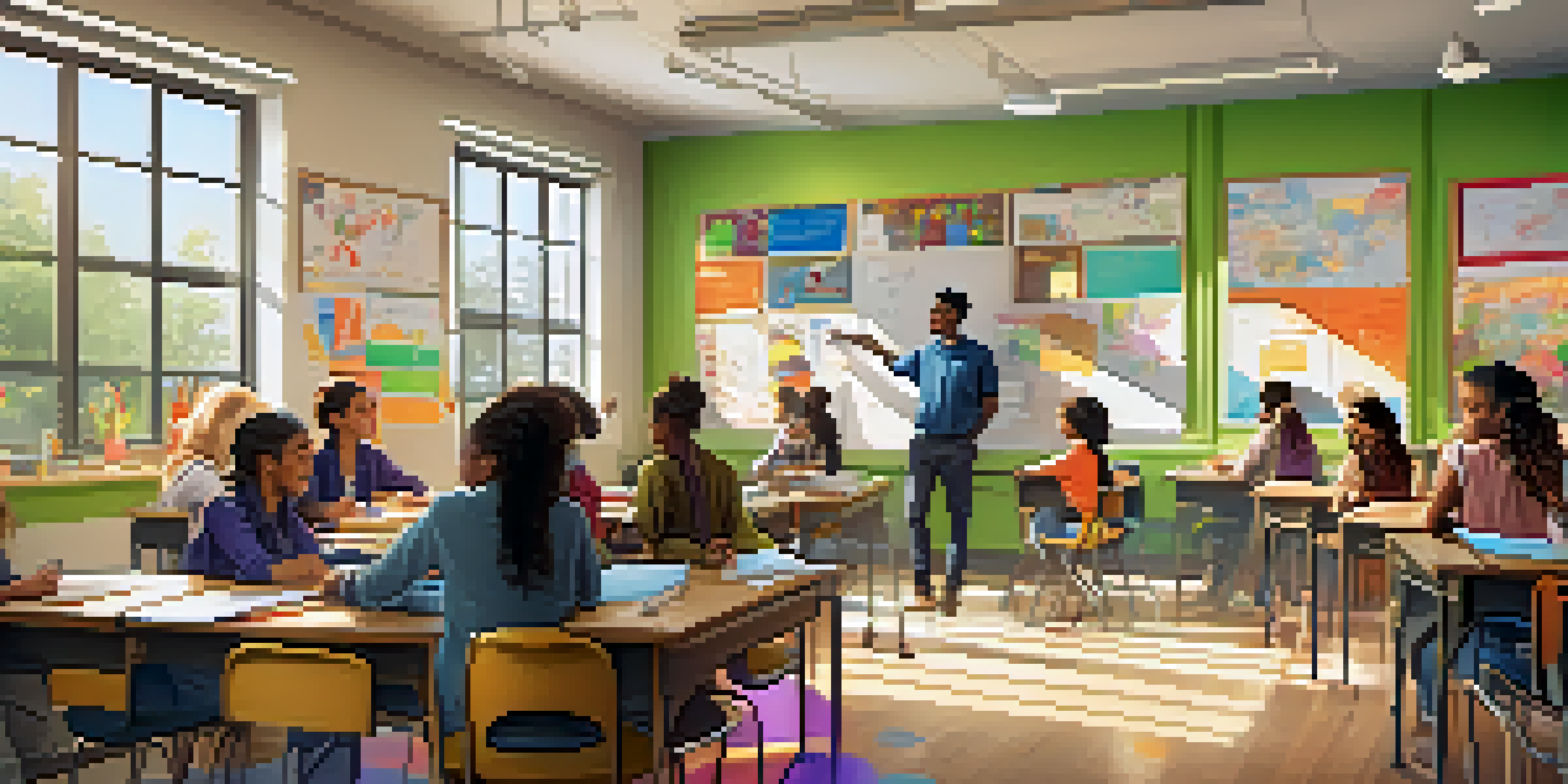 A lively classroom with diverse students working together on a project, illuminated by natural sunlight and decorated with educational posters.