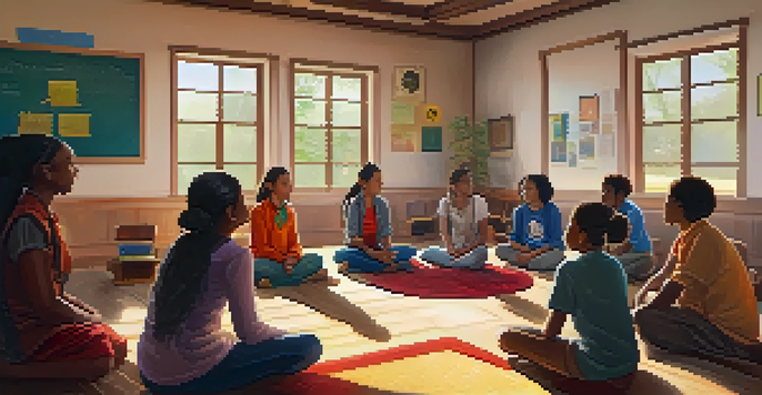 A colorful classroom with diverse students sitting in a circle, sharing stories and cultural artifacts around them.