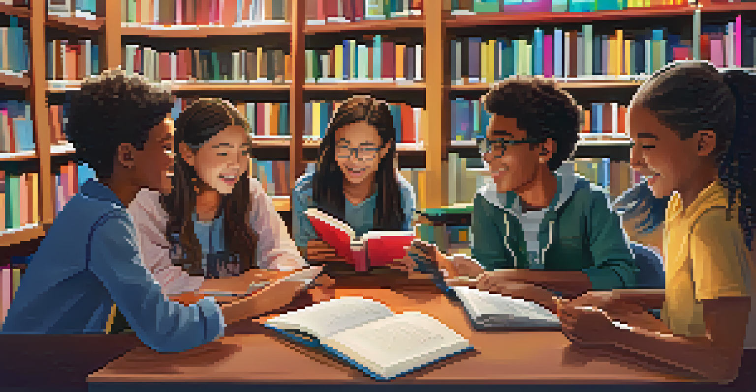 A group of students in a library sharing their digital storytelling projects, with bookshelves in the background.