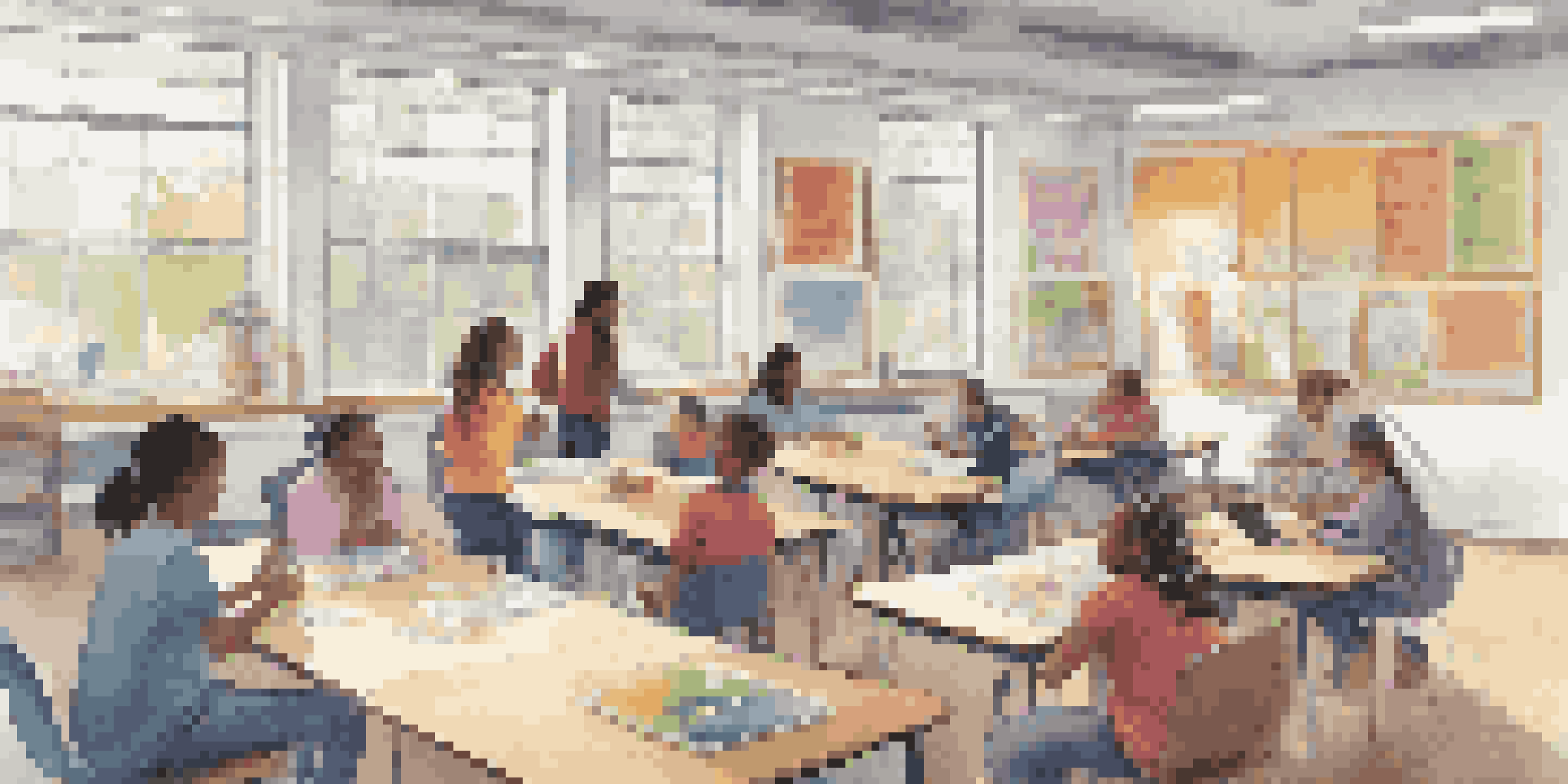 A vibrant classroom with students collaborating on projects, showcasing inquiry-based learning, with a teacher assisting and educational materials around.