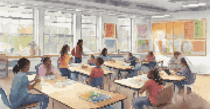 A vibrant classroom with students collaborating on projects, showcasing inquiry-based learning, with a teacher assisting and educational materials around.