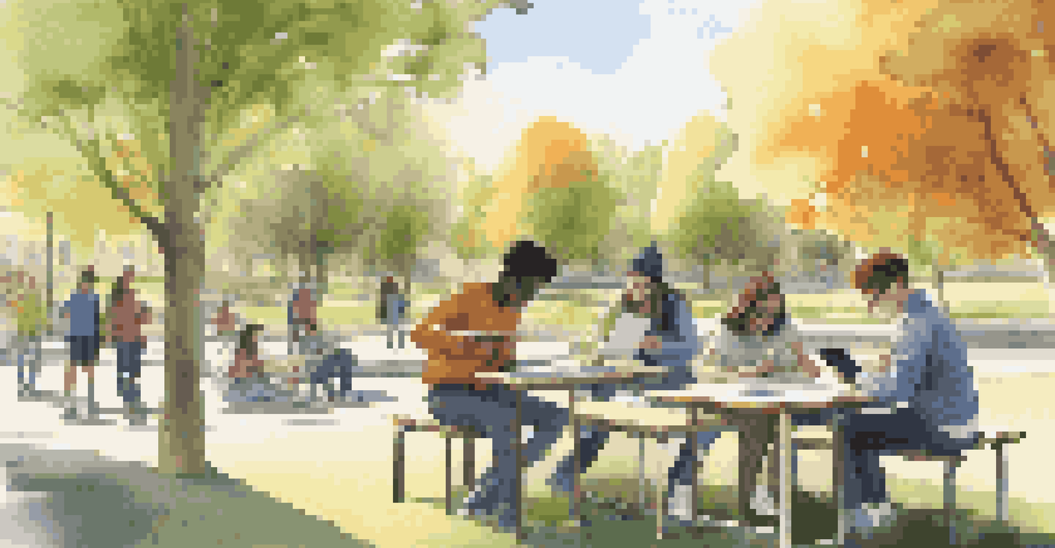 A group of high school students outside, collaborating on a math project with AR tablets, interacting with virtual 3D shapes.