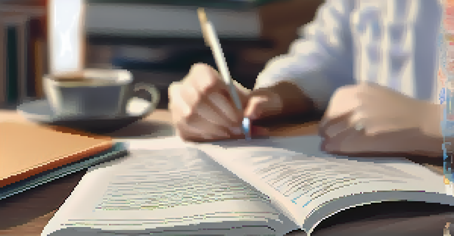 Close-up of a student's hands writing notes in a notebook with educational materials around.