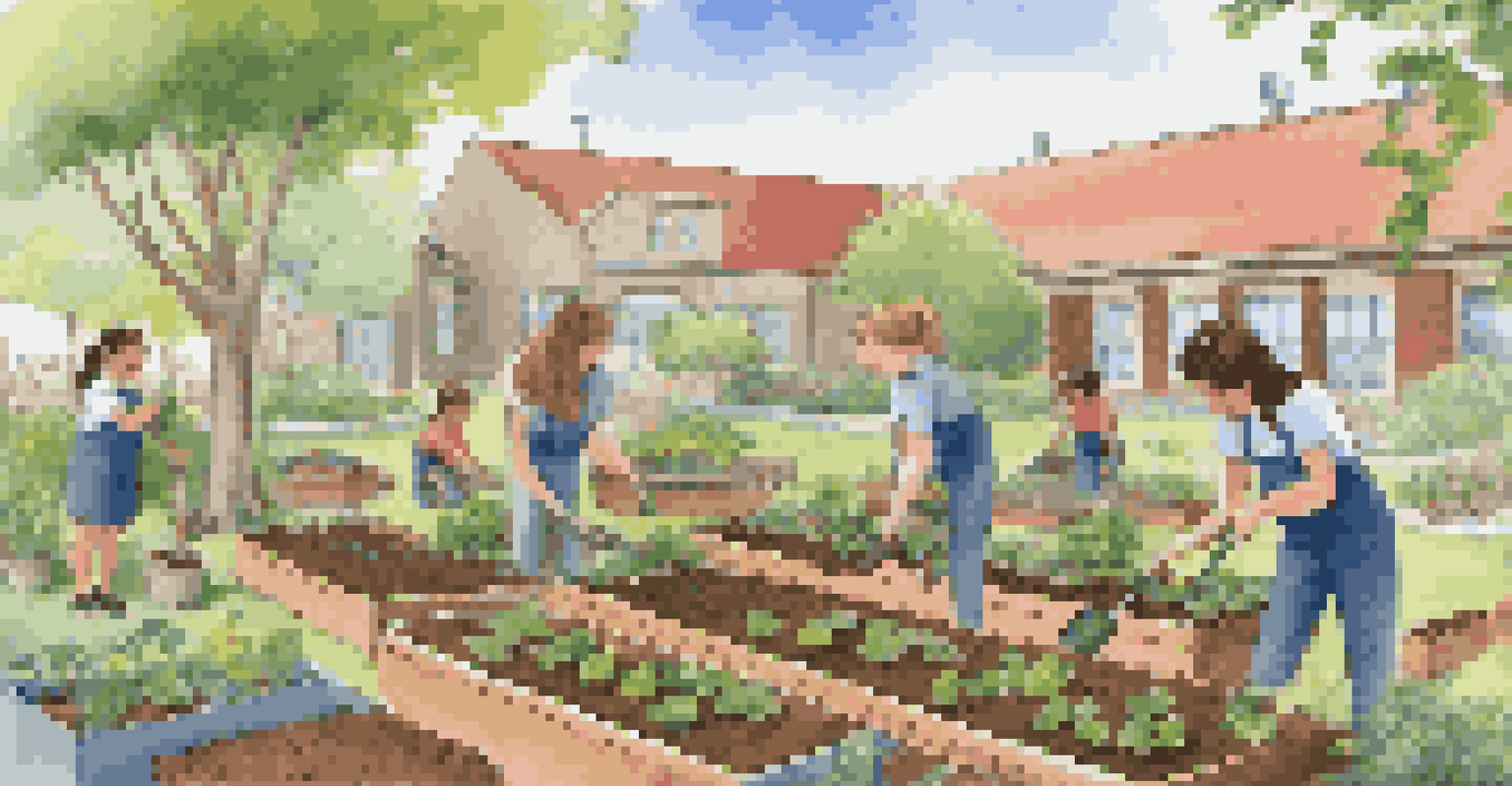 Students planting a sustainable garden in an outdoor setting, with a teacher guiding them under a bright sun.