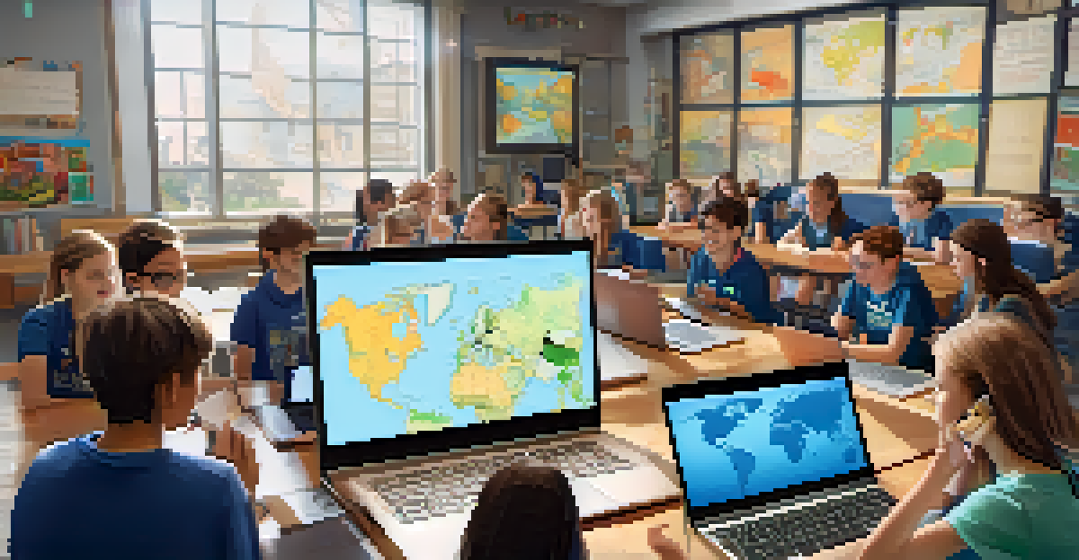 Students engaged in a virtual field trip, using laptops to explore a real-world location with a world map visible in the background.