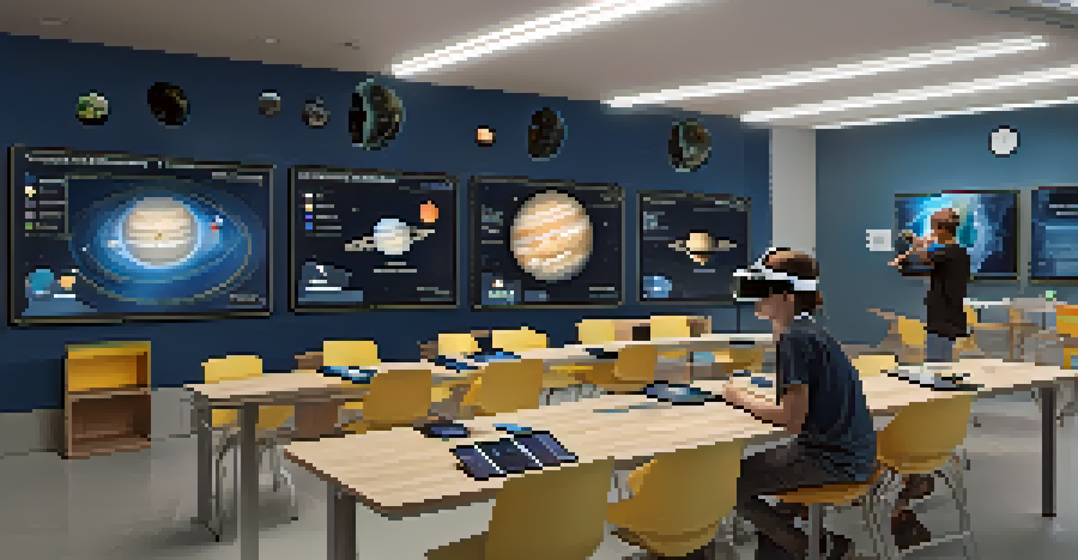 A modern classroom utilizing virtual reality for personalized learning, with students engaged in interactive educational experiences.