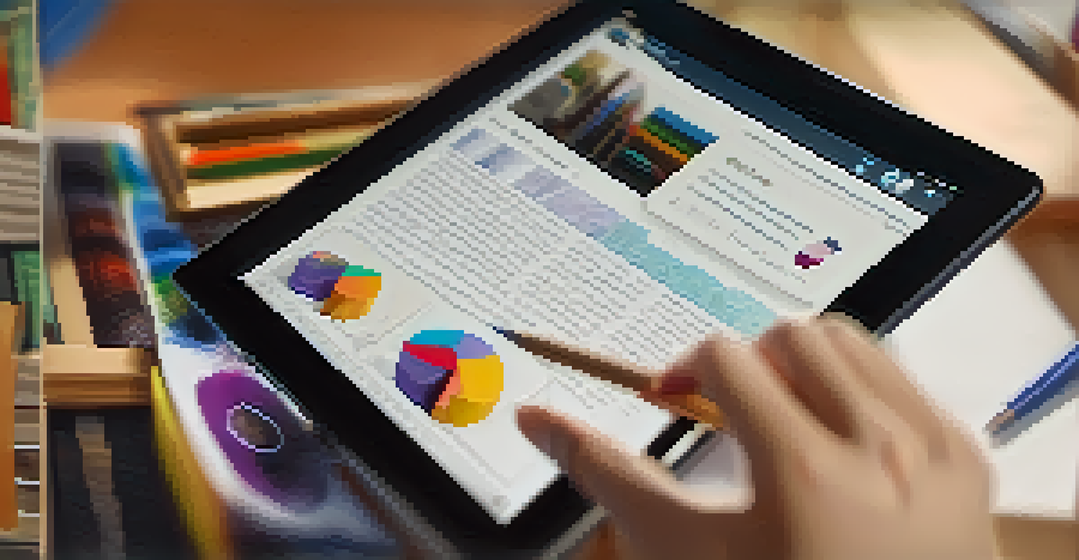 Close-up of hands on a tablet showing a digital course, with a blurred bookshelf in the background, illuminated by warm light.