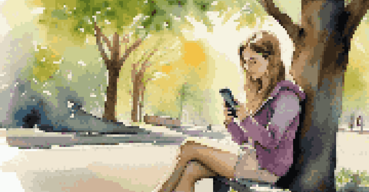 A young woman sitting on a park bench, learning on her smartphone in a sunny park.