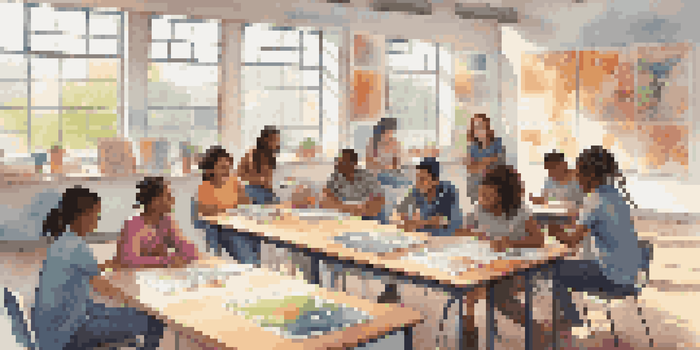 A diverse group of students collaborating in a bright classroom, discussing ideas with laptops and notebooks.