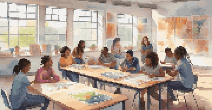 A diverse group of students collaborating in a bright classroom, discussing ideas with laptops and notebooks.