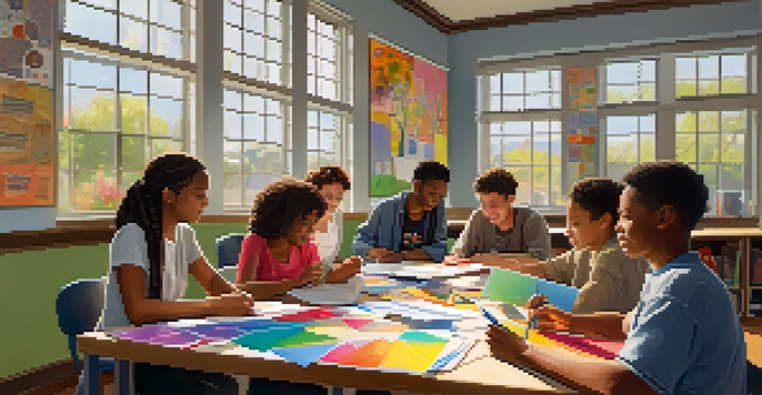 A diverse group of students working together in a bright classroom, engaged in a collaborative project, surrounded by art supplies and colorful posters.