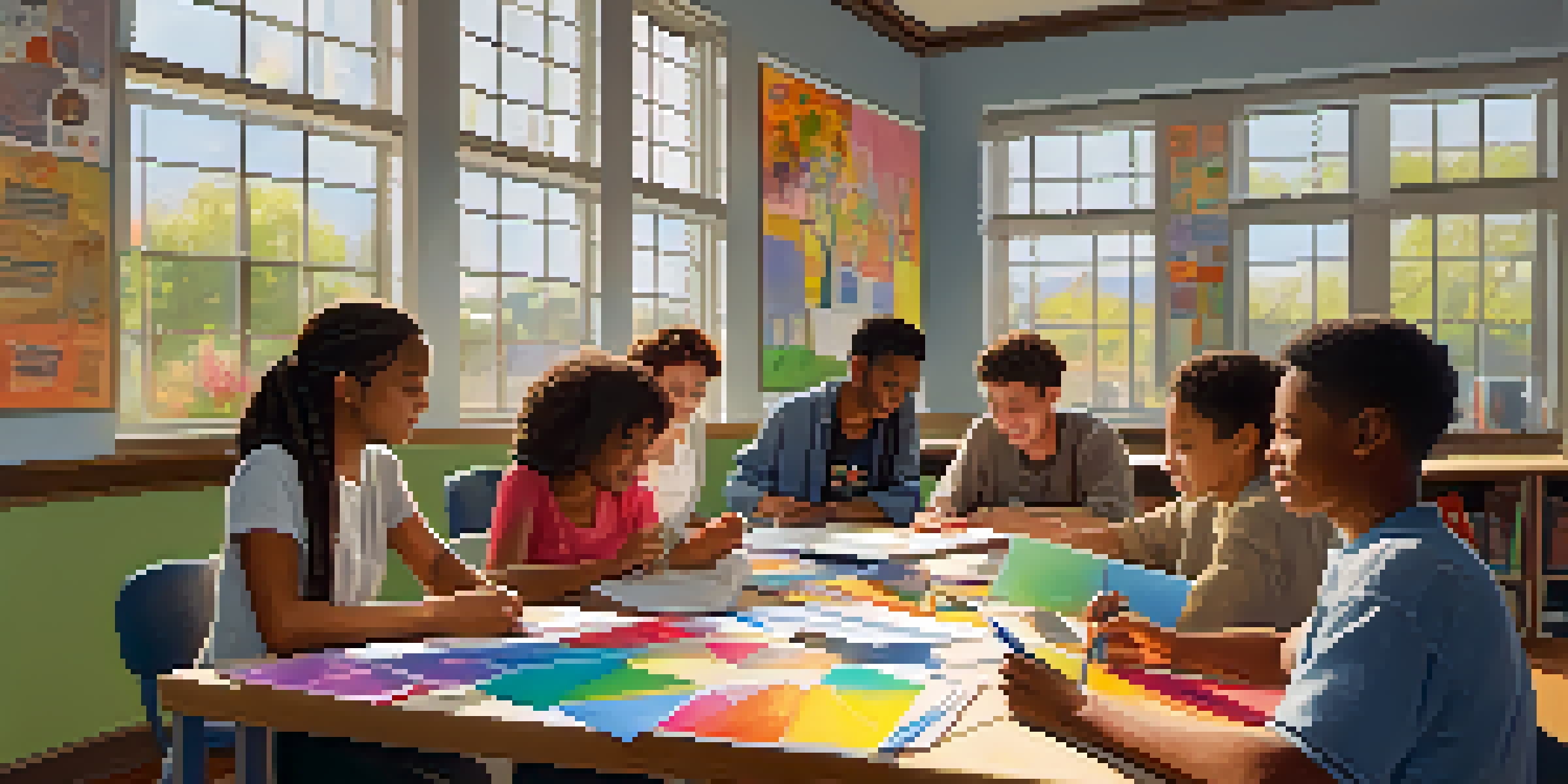 A diverse group of students working together in a bright classroom, engaged in a collaborative project, surrounded by art supplies and colorful posters.