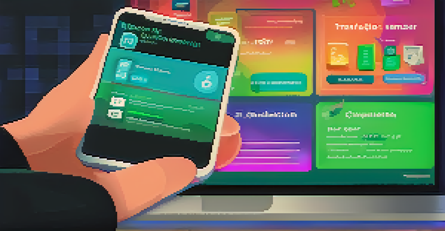 A close-up of a computer screen showing an online quiz interface with colorful graphics. A hand holds a smartphone in the background displaying a quiz completion notification.