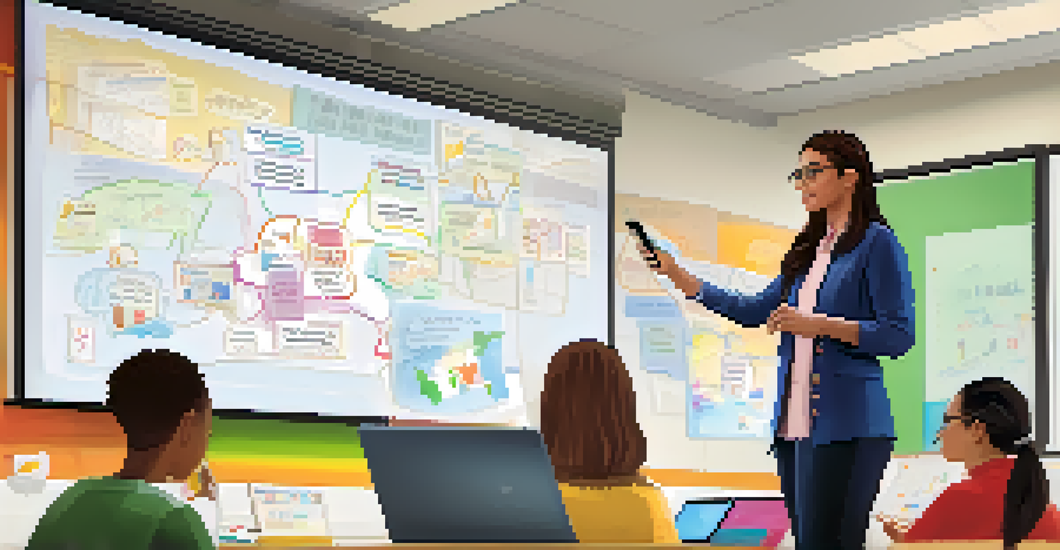 An educator interacting with students on a smartphone in a classroom, with a whiteboard and bulletin board displaying educational materials and student projects.
