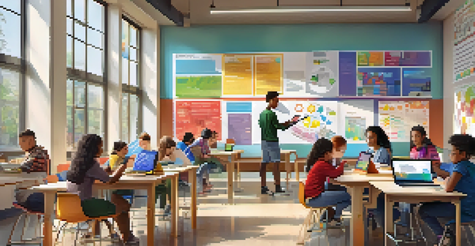 A vibrant classroom with diverse students using tablets and laptops, illustrating digital equity in education.