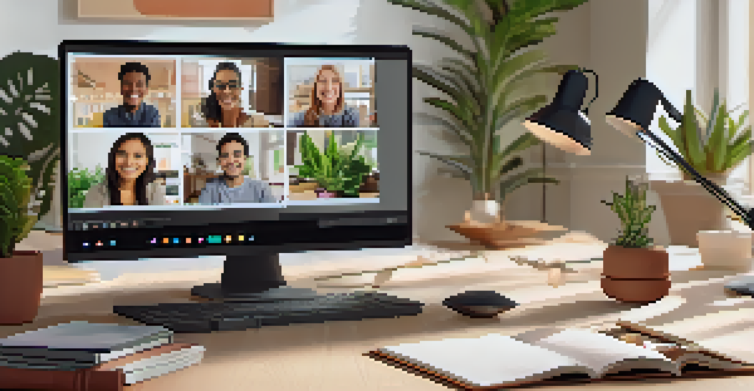 A computer screen showing a virtual classroom with students on a video call and a presentation slide.