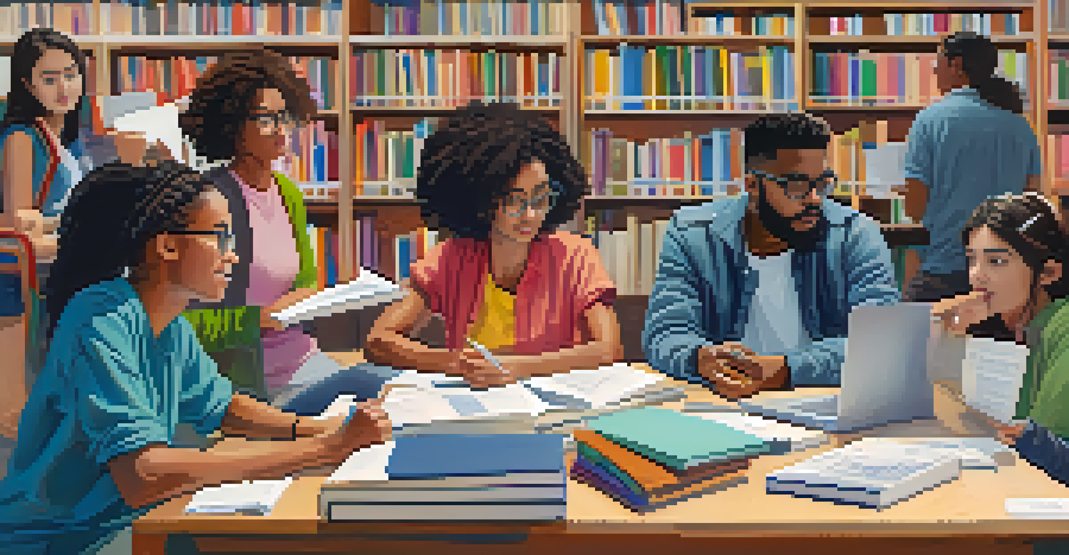 Students collaborating in a library, surrounded by books and laptops, actively discussing ideas and working on a large poster.