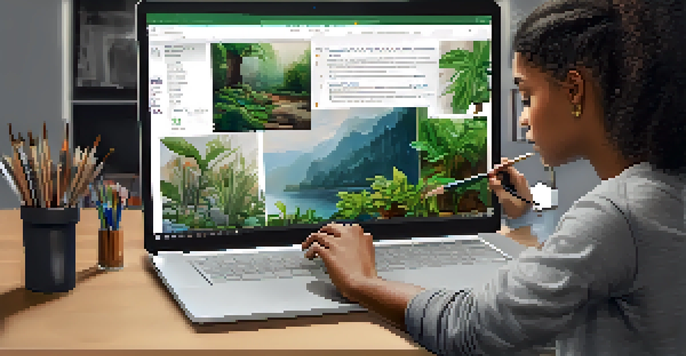 A student creating a digital portfolio on a laptop in a personalized and inspiring workspace.