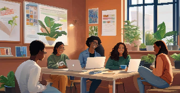 A warm and inviting online classroom environment with diverse students engaged in a video discussion, surrounded by plants and colorful decorations.