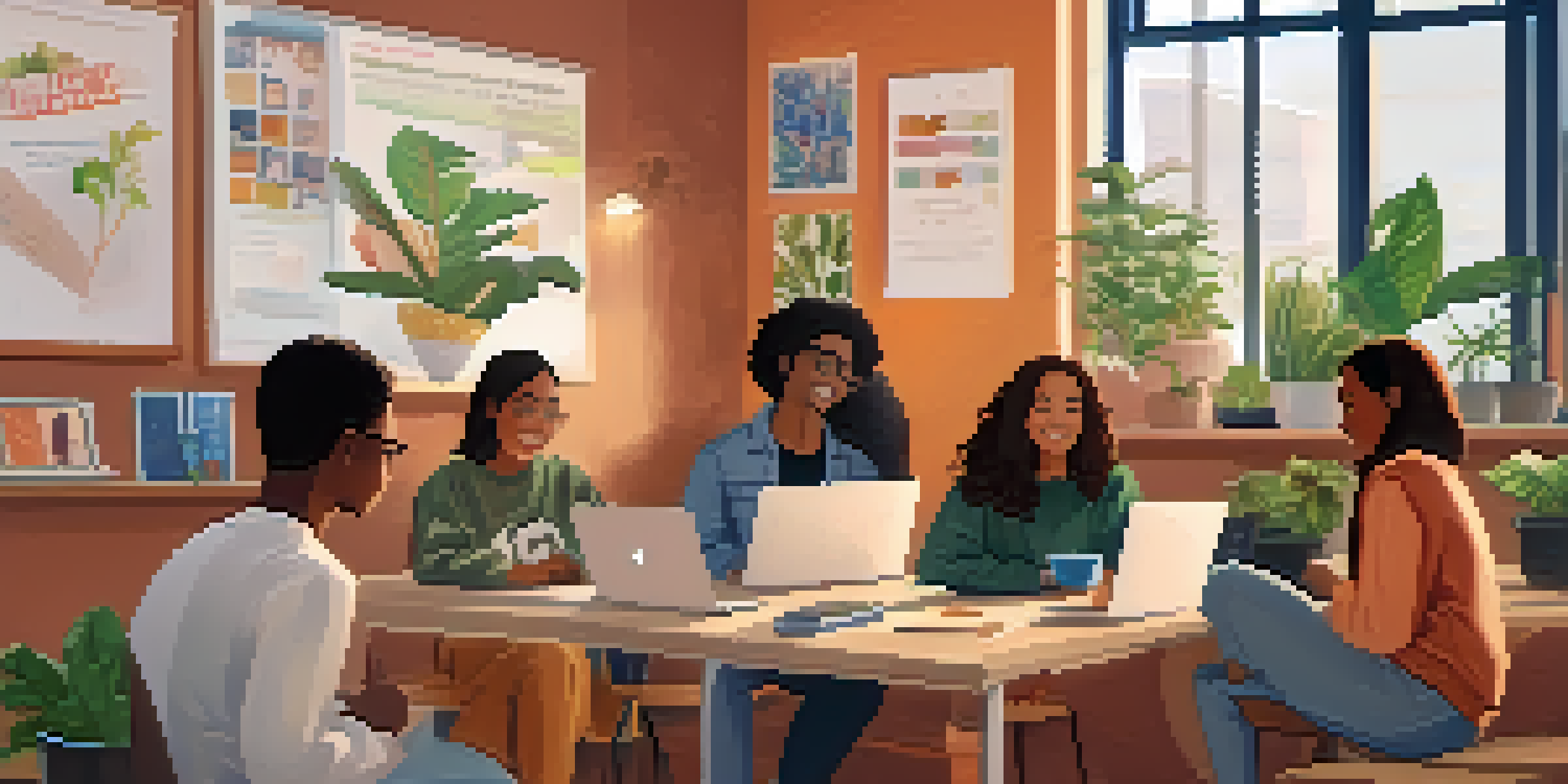 A warm and inviting online classroom environment with diverse students engaged in a video discussion, surrounded by plants and colorful decorations.