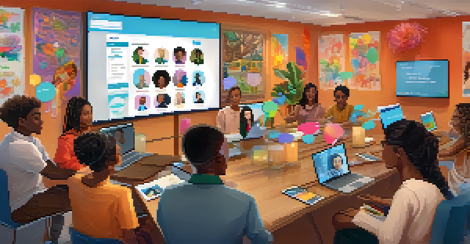An online classroom with diverse students participating in a video conference call, each in their unique environments, showcasing cultural diversity.