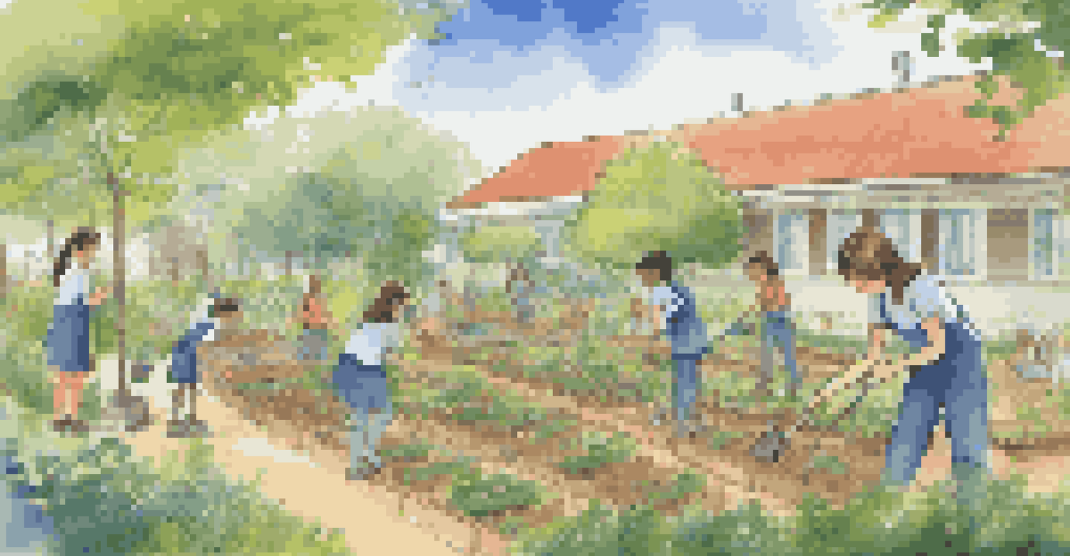 Students planting trees and flowers in a school garden, with a banner reading 'Eco Club' in the background and a clear blue sky overhead.