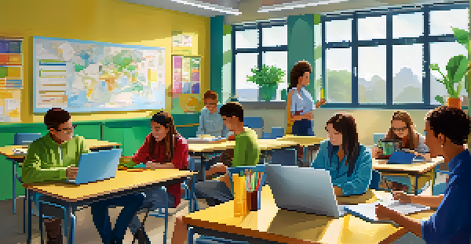 A bright and modern classroom with students using laptops and collaborating on projects, showcasing an engaging blended learning environment.