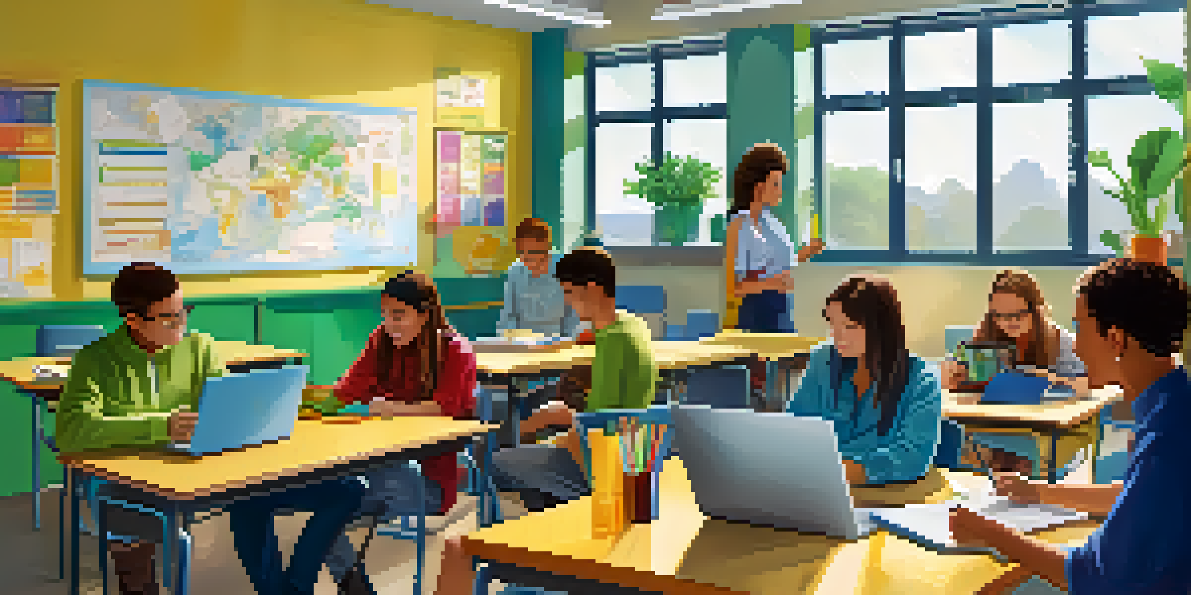 A bright and modern classroom with students using laptops and collaborating on projects, showcasing an engaging blended learning environment.