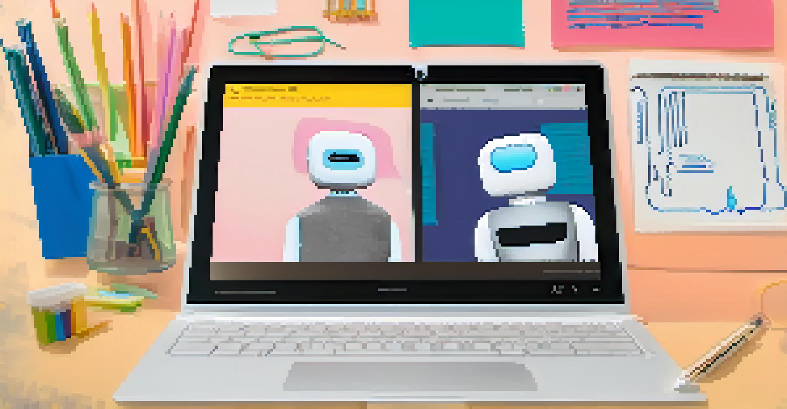 A laptop showing an AI chatbot interface with a relieved student engaged in the background, surrounded by school supplies.