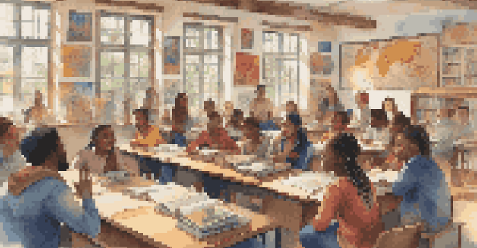 A diverse group of students in a classroom discussing global literature, with books and colorful posters around them.